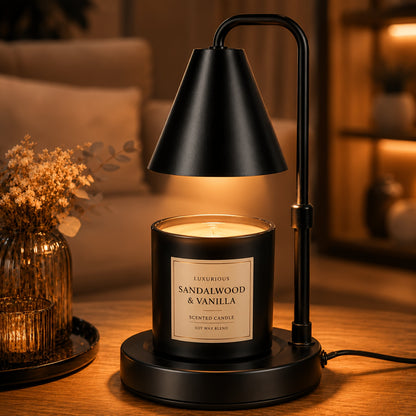 Adjustable candle warmer lamp with lacquered black iron finish