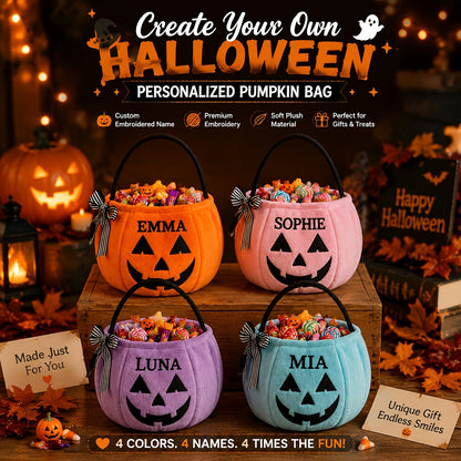 Personalized Embroidered Halloween Pumpkin Candy Bag, Custom Name Plush Candy Bucket with Bow