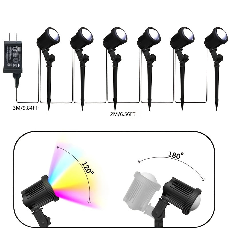 RGB landscape spotlights glowing at night in garden