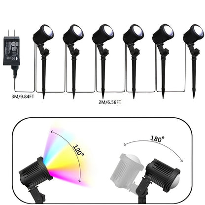 RGB landscape spotlights glowing at night in garden