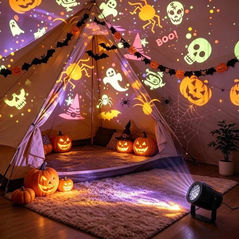Halloween projector light displayed with its packaging box
