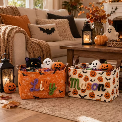 Custom Name Embroidered Halloween Storage Basket with Pumpkin Ghost Bat Pattern and Handles