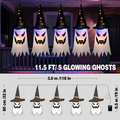 Set of 5 glowing ghost witch hat string lights hanging indoors
