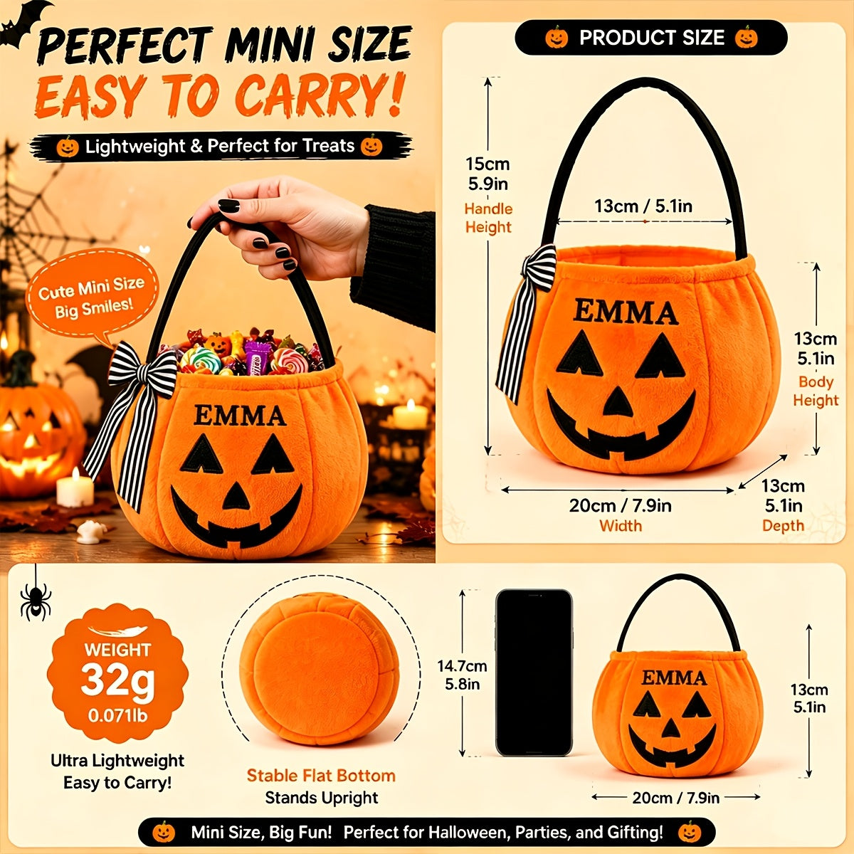 Child carrying the personalized pumpkin candy bag while trick-or-treating