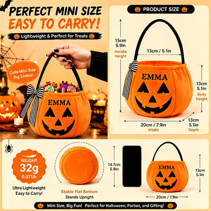 Child carrying the personalized pumpkin candy bag while trick-or-treating