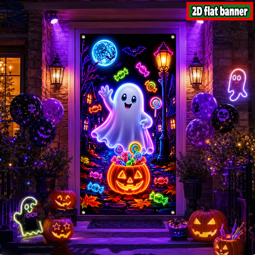 Full length view of the Halloween door banner showing ghost pumpkin and candy pattern