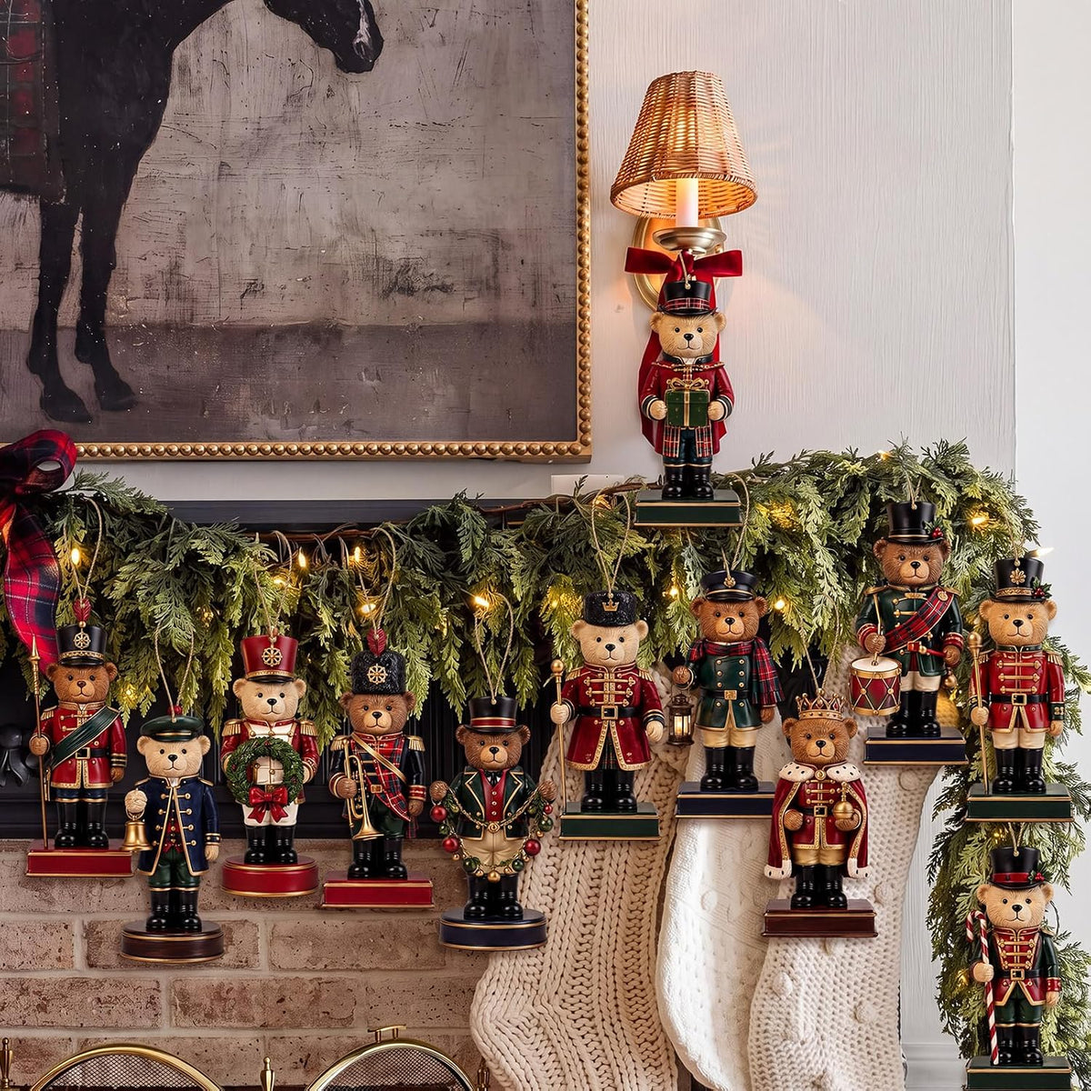 Christmas Tree Decorations, 36 Wooden Teddy Bear Ornaments, 3.94" Tartan Plaid Rustic Decor