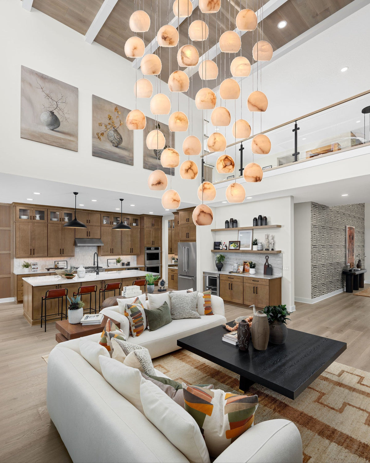 Tavira Chandeliers for Dining Room, Round Alabaster Chandelier, Adjustable Airplane Cable