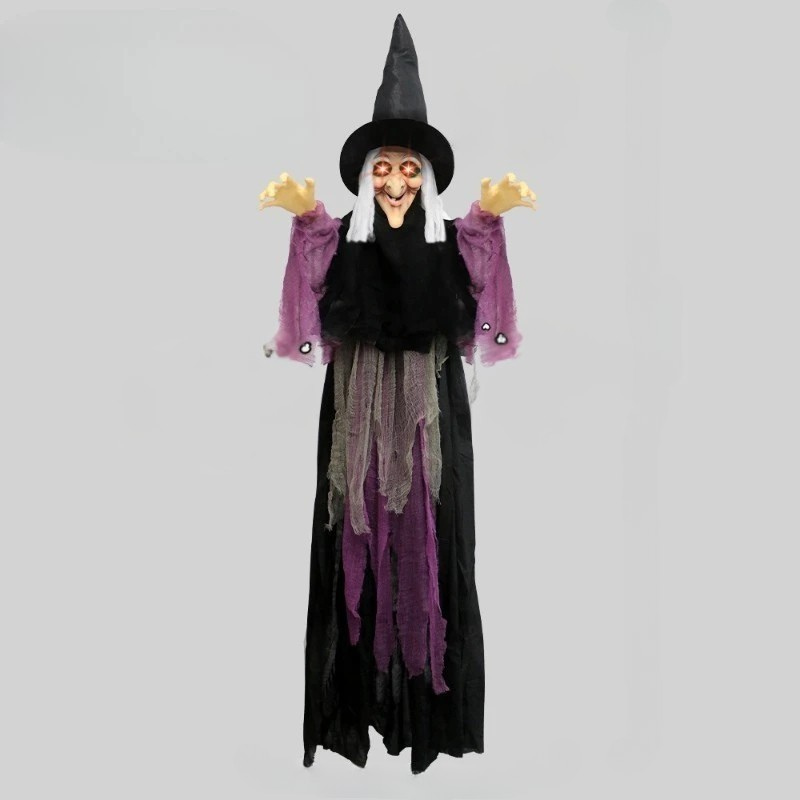 Animated Halloween witch hanging on a porch