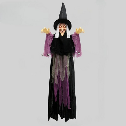 Animated Halloween witch hanging on a porch