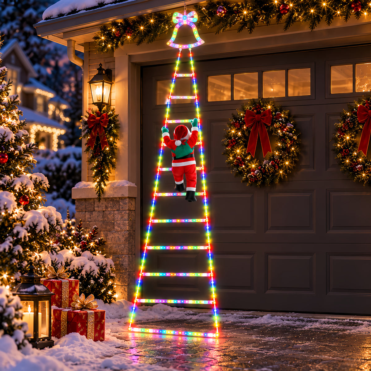 Outdoor Christmas Decorations, Climbing Santa Ladder Lights, 255 LED, Dimmable, USB Charging
