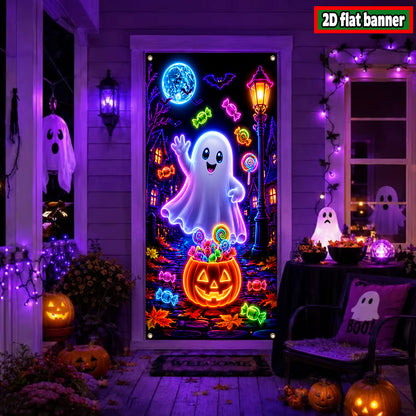 Halloween Banner, UV Blacklight Glow Door Cover, Ghost and Pumpkin Print, Polyester, 35 x 71 Inches