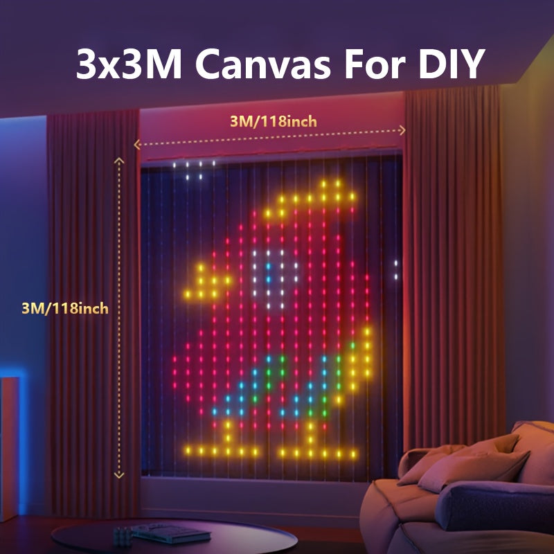 Curtain lights running a colored pattern behind a party backdrop
