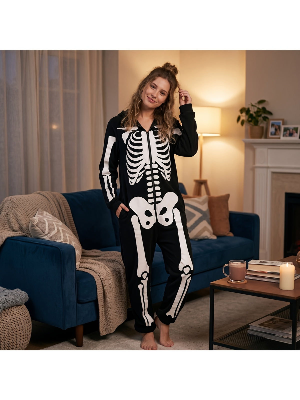 Hood detail on the plush skeleton onesie