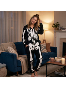 Hood detail on the plush skeleton onesie