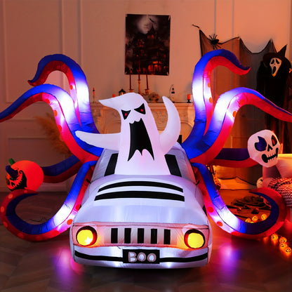 Glowing pumpkin element on the inflatable octopus and car Halloween scene