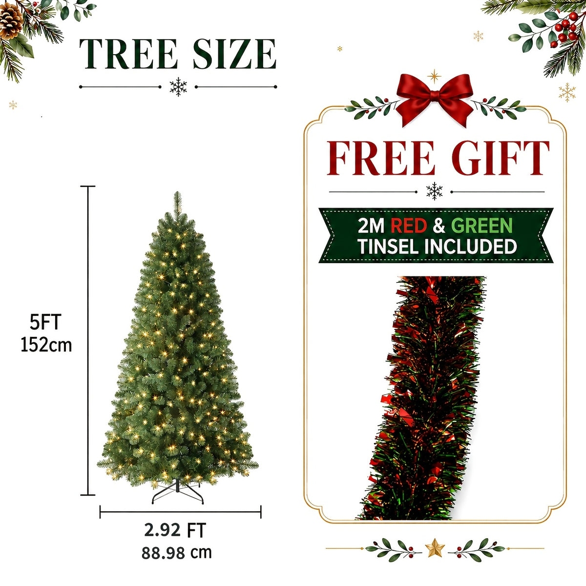 Pre-Lit Christmas Tree, 5 ft, Warm White, 13 Light Modes
