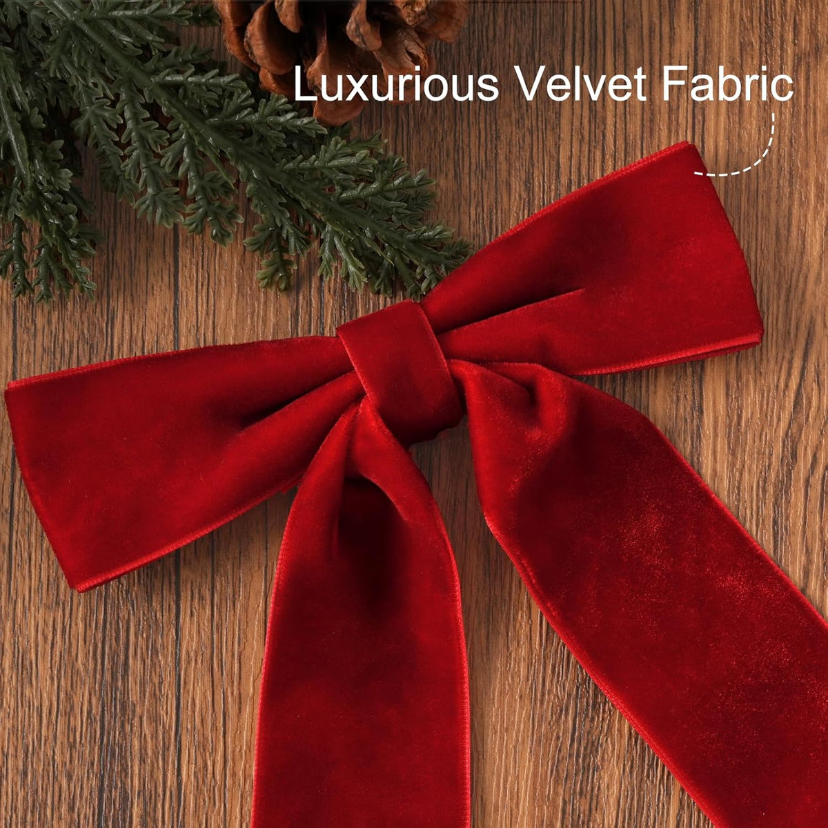 Red velvet bow with loops and tails, 7 by 6 inches
