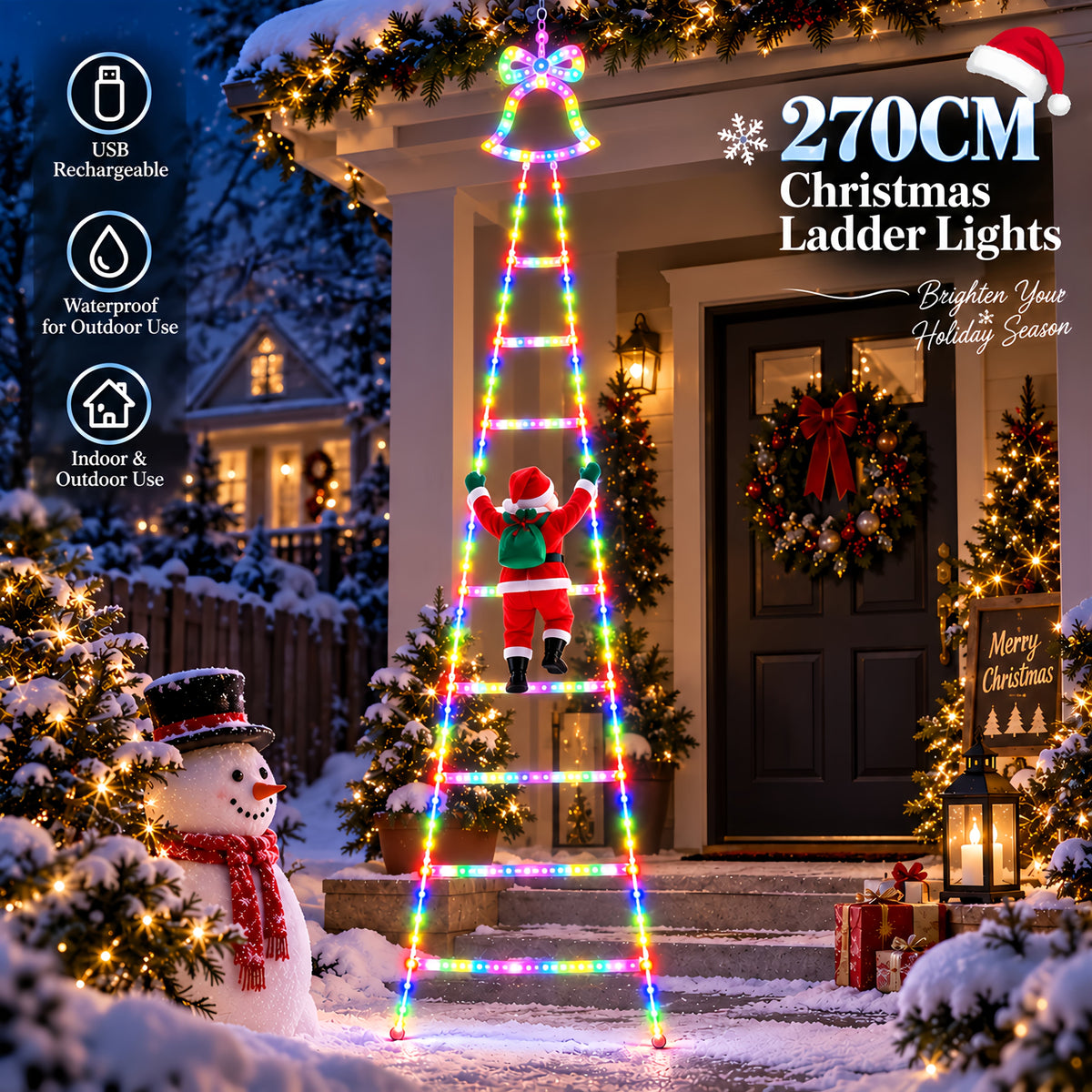 Outdoor Christmas Decorations, Climbing Santa Ladder Lights, 255 LED, Dimmable, USB Charging