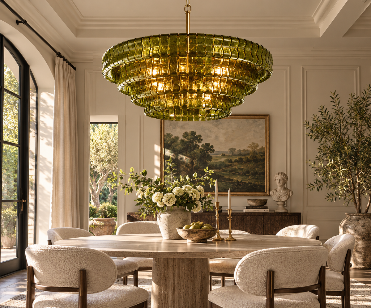 Lido Chandeliers, Round Glass Chandelier for Dining Room, Brass or Matte Black, 24-60 Inch