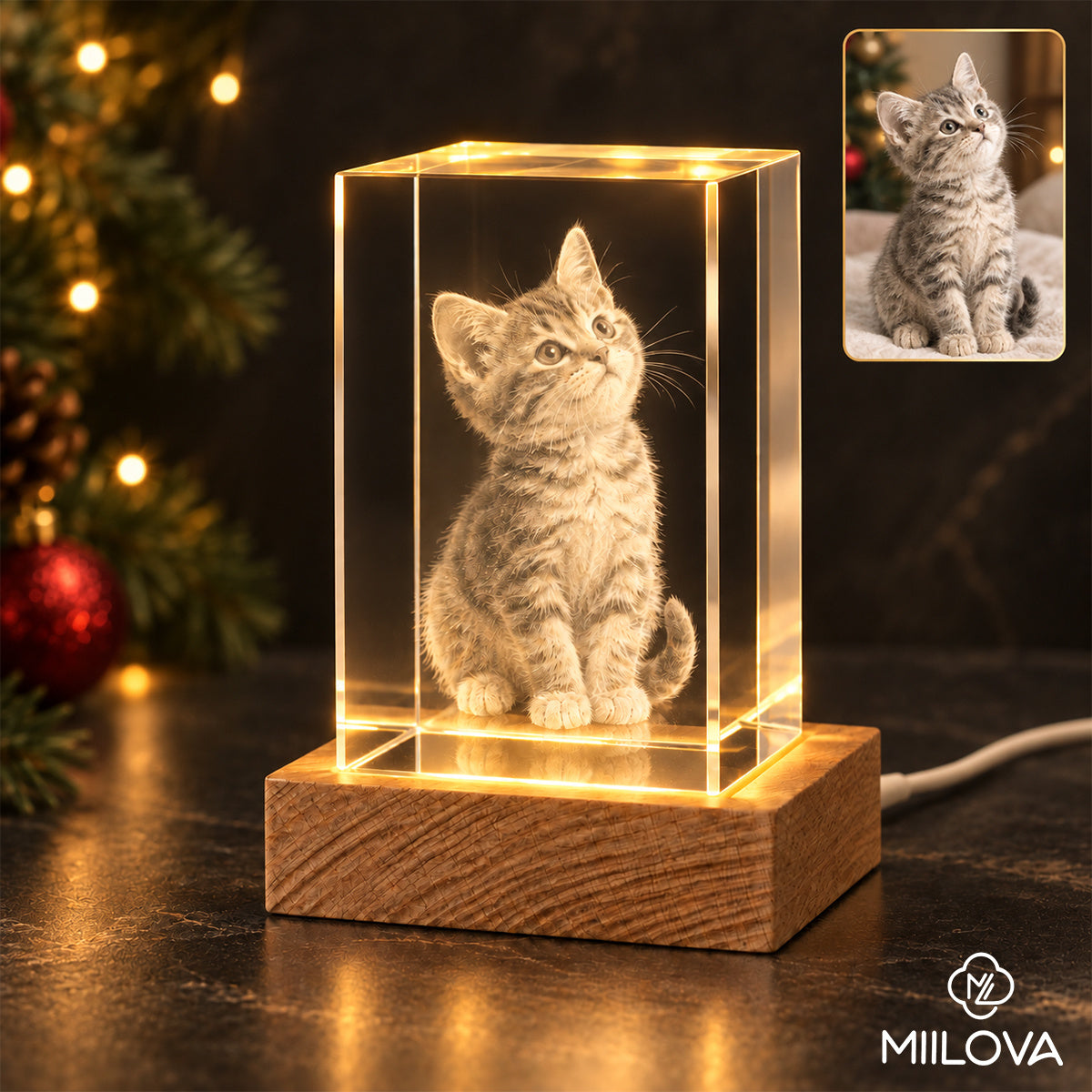 Personalized crystal photo with USB light base, detail