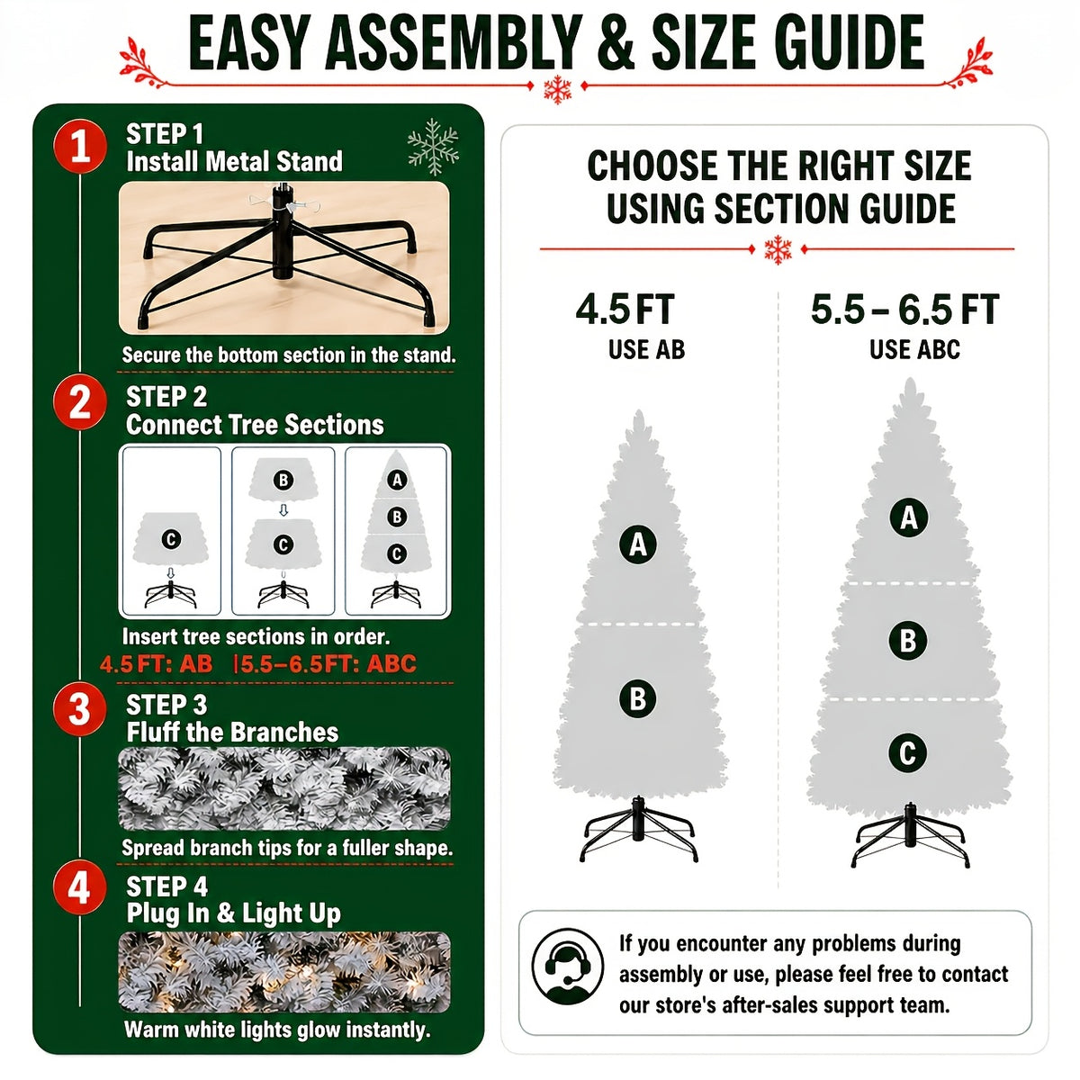 Pre lit snowy Christmas tree on an adjustable stand with red and green tinsel