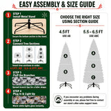 Pre lit snowy Christmas tree on an adjustable stand with red and green tinsel