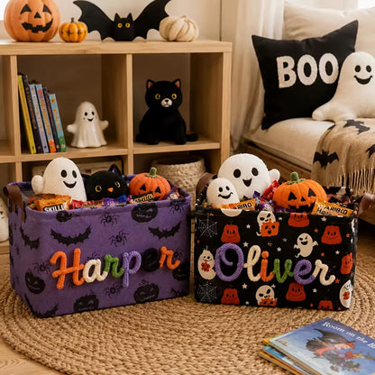 Custom Name Embroidered Halloween Storage Basket with Pumpkin Ghost Bat Pattern and Handles