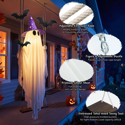 Hanging Halloween Ghost Decoration with String Lights, Two Witch Hats, Canvas, Outdoor Porch and Tree Decor