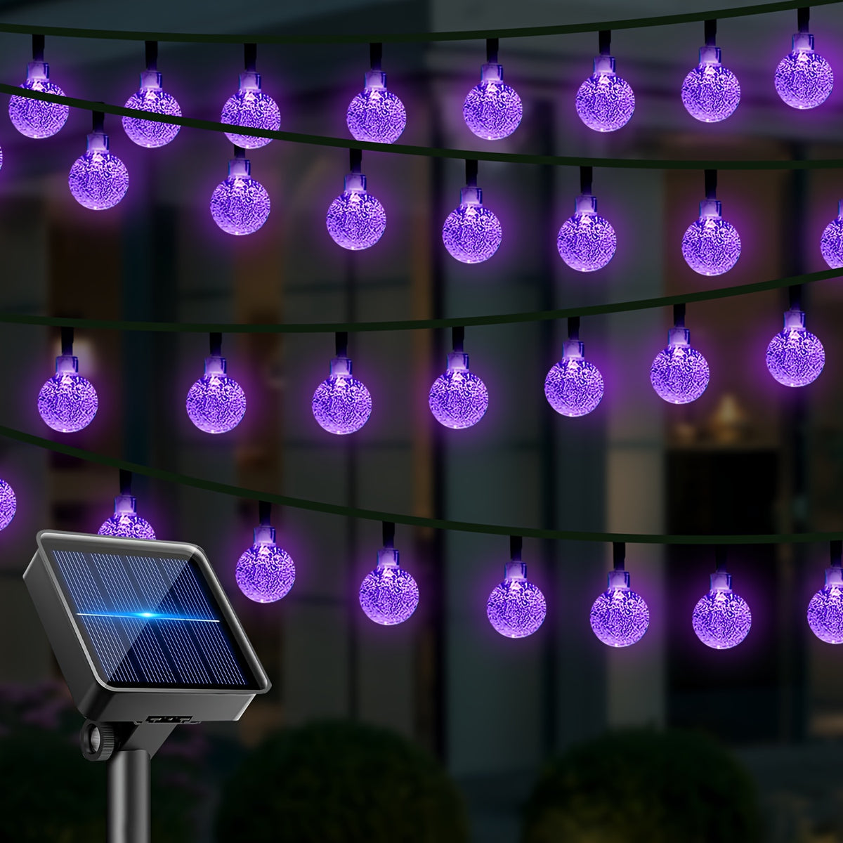 Purple LED solar bubble ball string lights wrapped around an outdoor tree - view 4