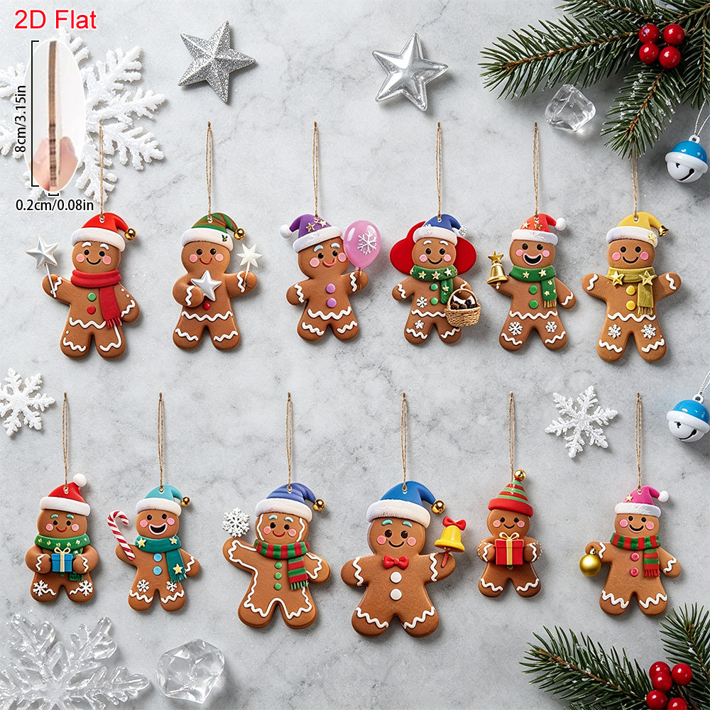Christmas Tree Decorations, 12 Gingerbread Man Ornaments, 3.15 Inch Flat Wood Hanging Pendants