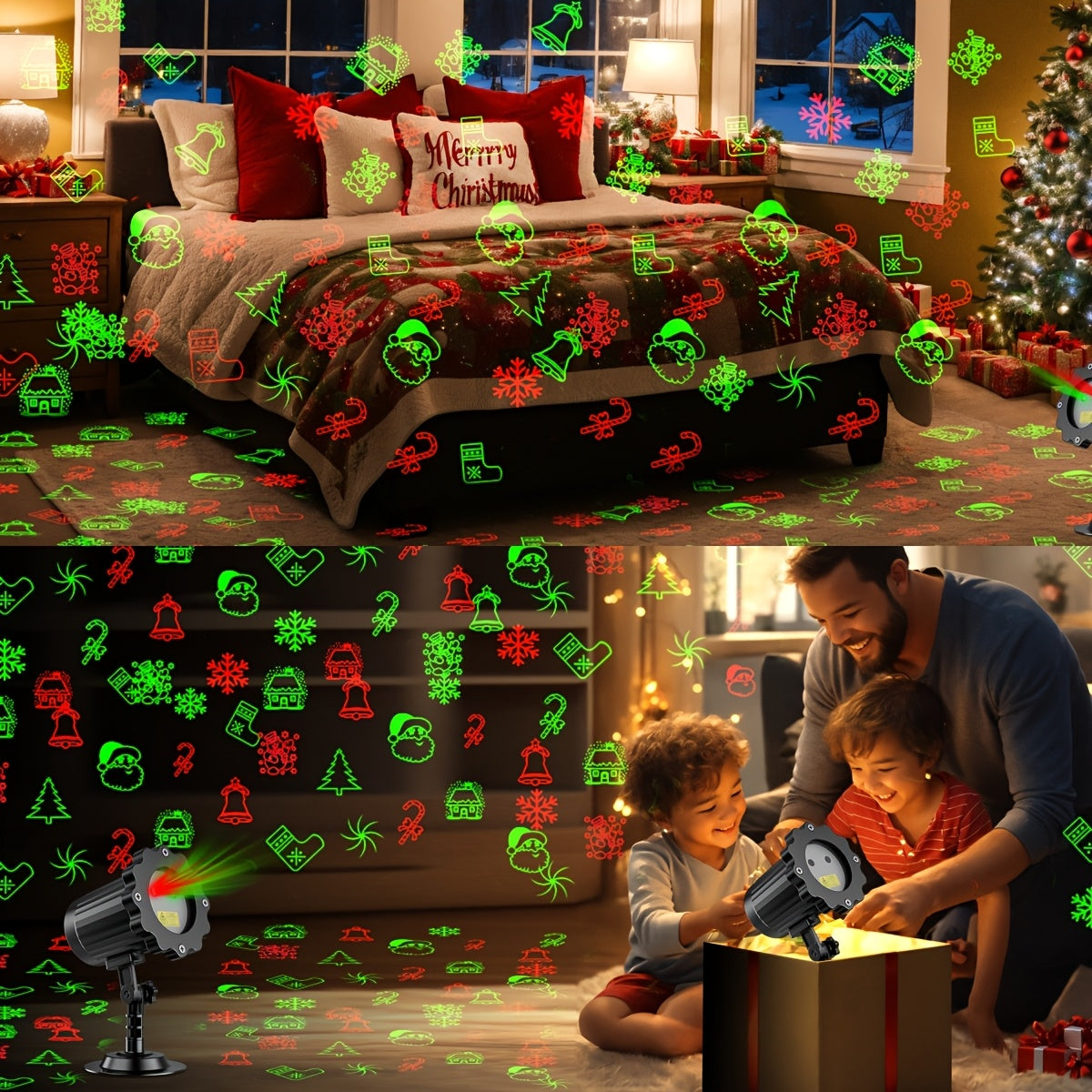 Laser Christmas lights with stocking and bell shapes