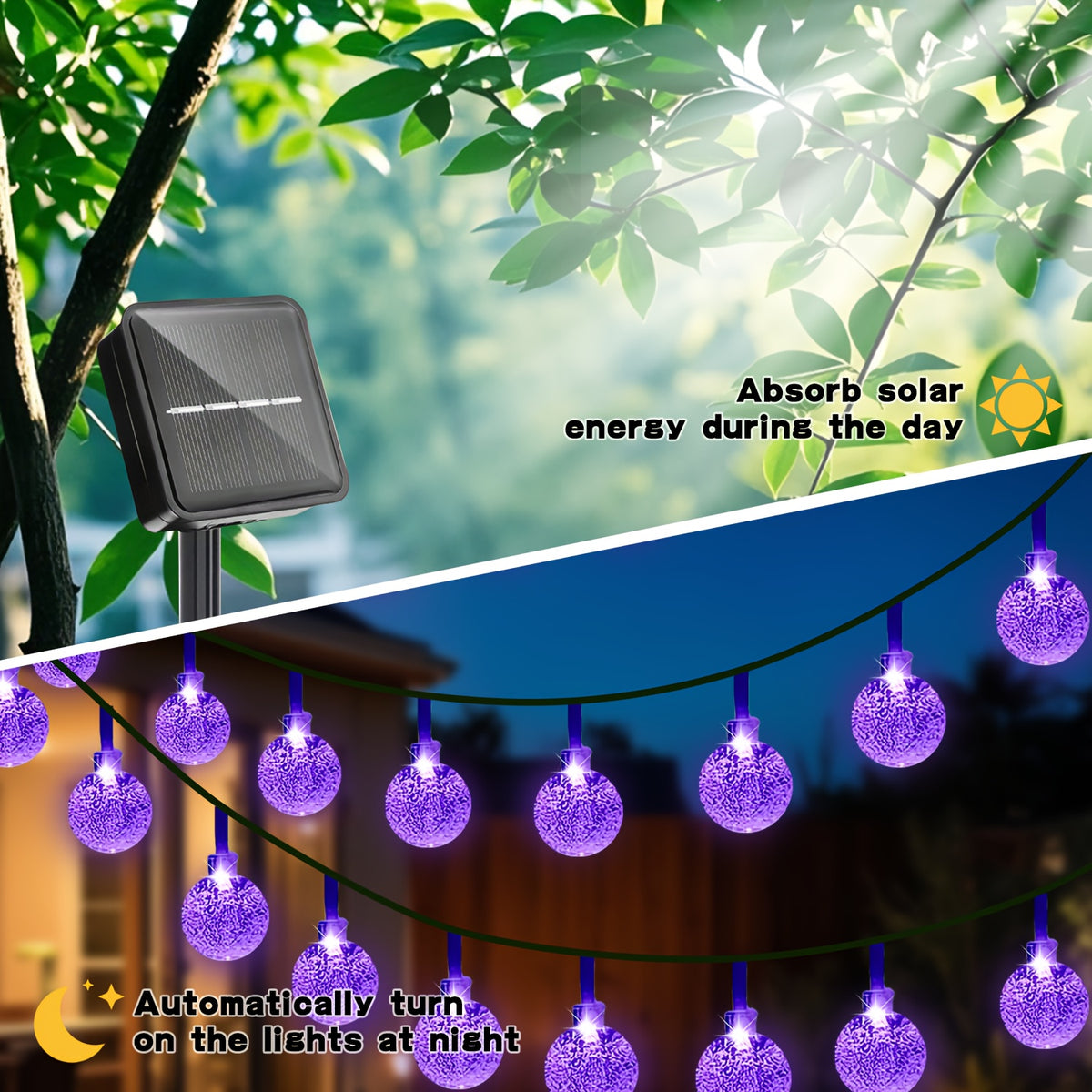 Purple LED solar bubble ball string lights wrapped around an outdoor tree - view 7