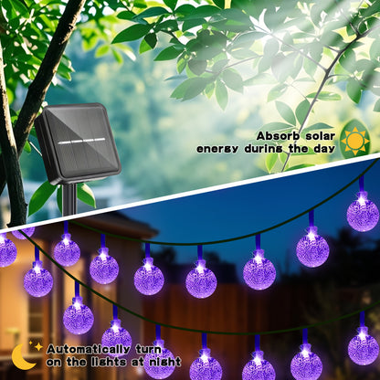 Purple LED solar bubble ball string lights wrapped around an outdoor tree - view 7