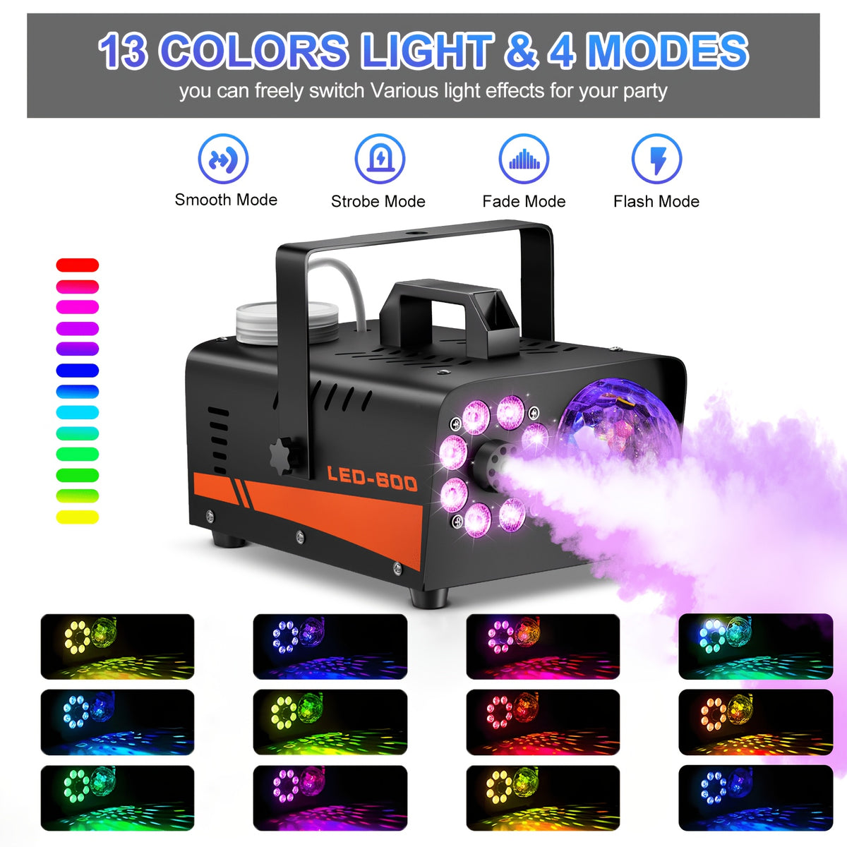 Fog machine with multicolor LED lighting for stage work