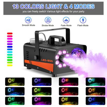 Fog machine with multicolor LED lighting for stage work