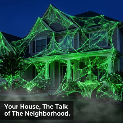 Stretched fluorescent green glow-in-the-dark Halloween spider web