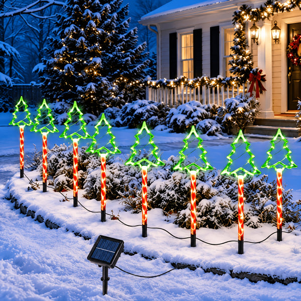 Solar Christmas Pathway Lights, Pinecrest 8 Pack LED Tree Stakes, Dusk Sensor