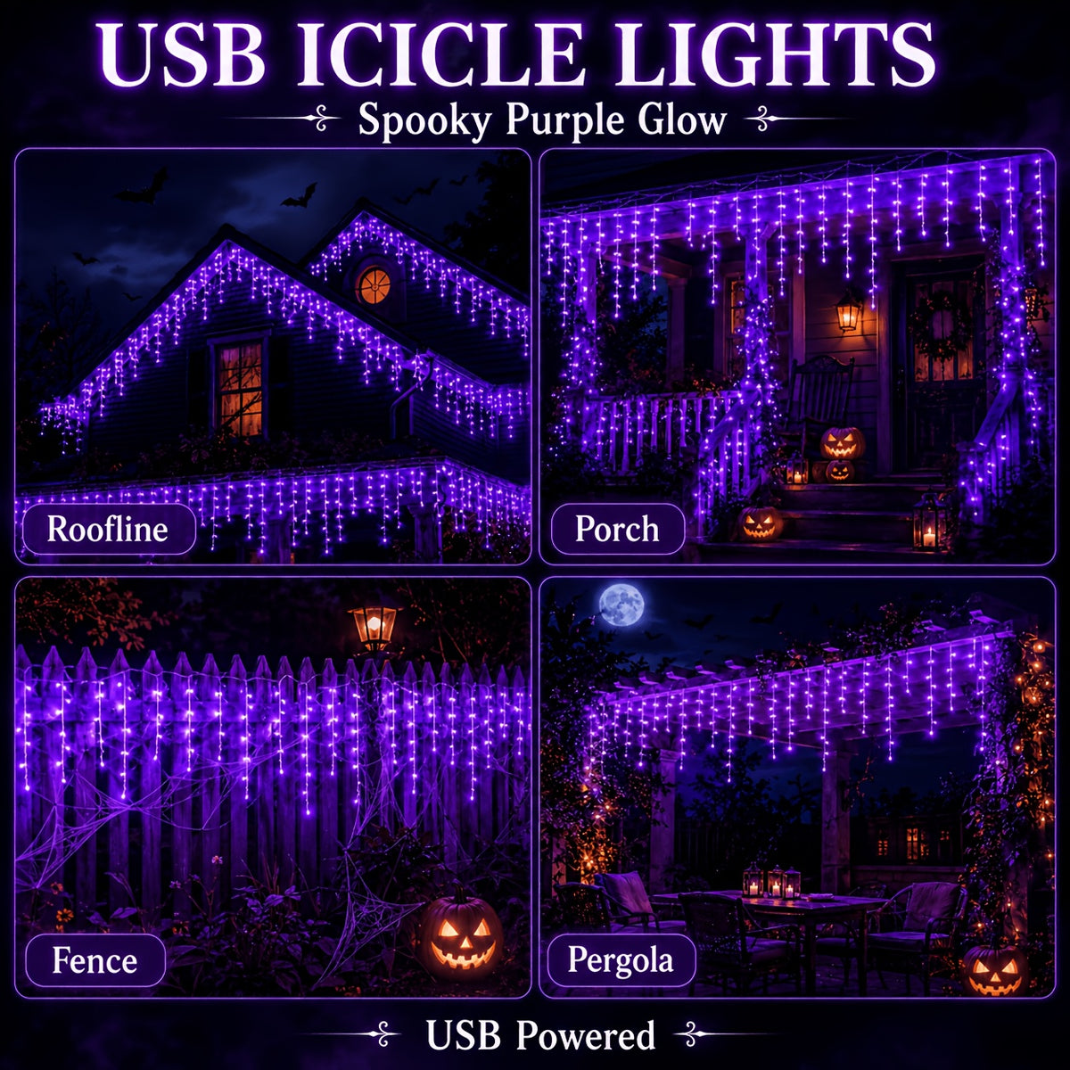 Icicle string lights length comparison, 47/104/194 LED