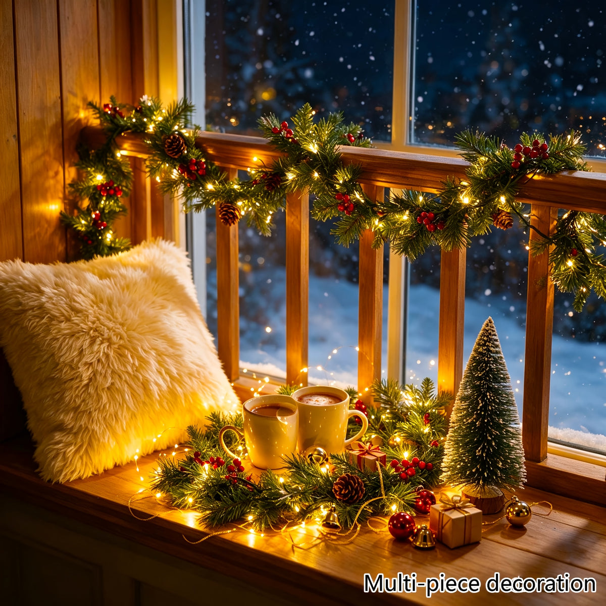 The 20 clear lights glowing through the spruce garland