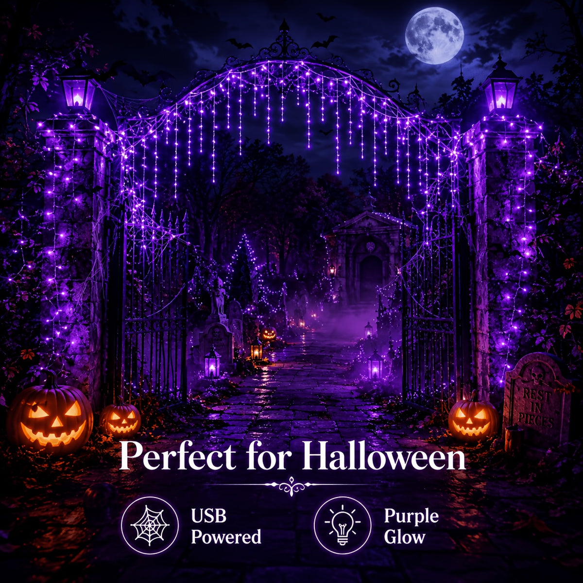 Purple USB icicle string lights, full strand