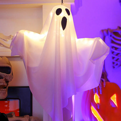 Close-up of the LED lights inside the hanging ghost decoration