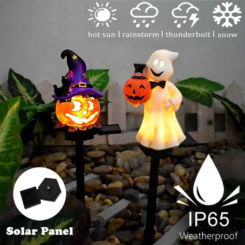Halloween solar light ghost design staked in a yard