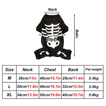 Close-up of the glow-in-the-dark skeleton print on the dog costume