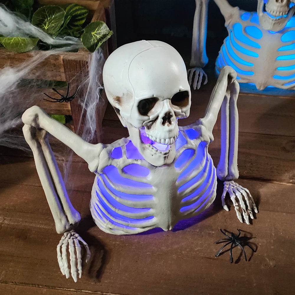 Glowing skeleton head Halloween decoration with colorful LED lights