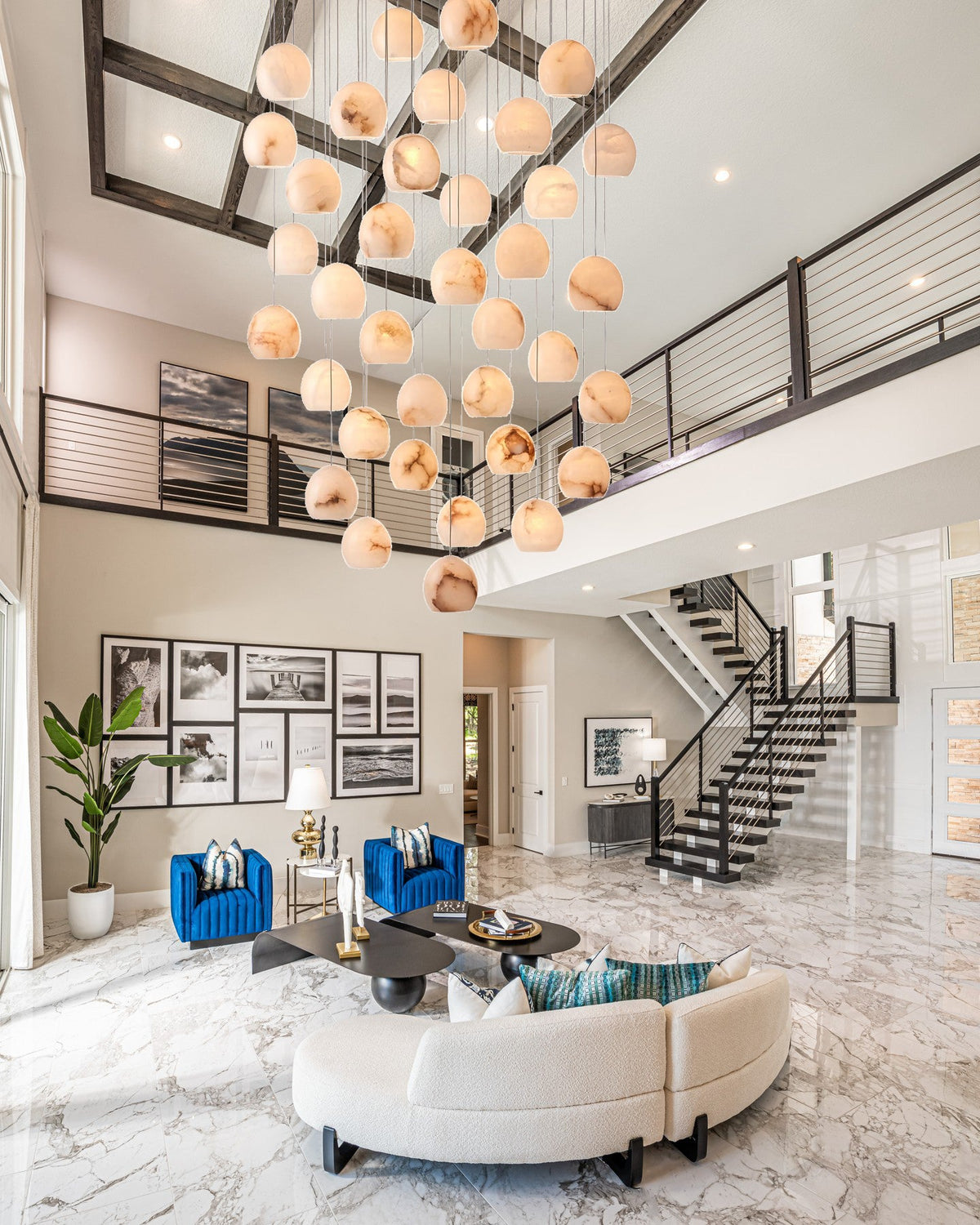 Tavira Chandeliers for Dining Room, Round Alabaster Chandelier, Adjustable Airplane Cable