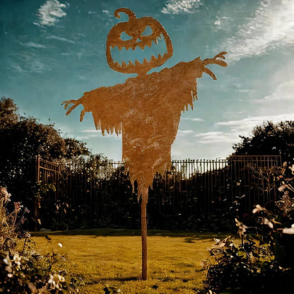 Weathered rustic finish on an iron pumpkin scarecrow figure