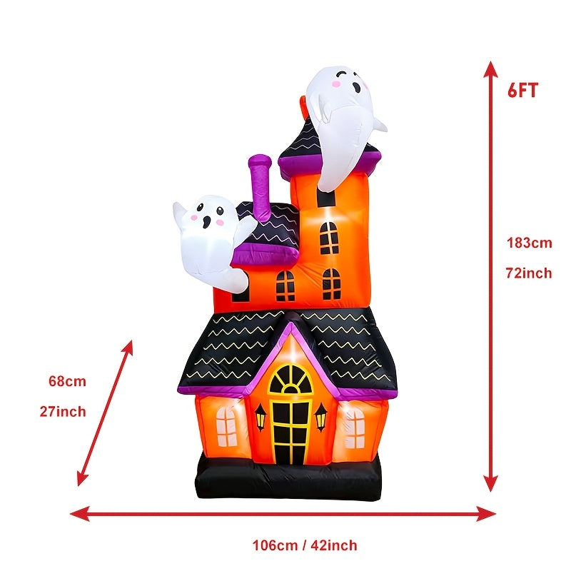 Ghost figures on the haunted castle inflatable