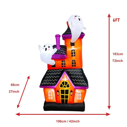 Ghost figures on the haunted castle inflatable