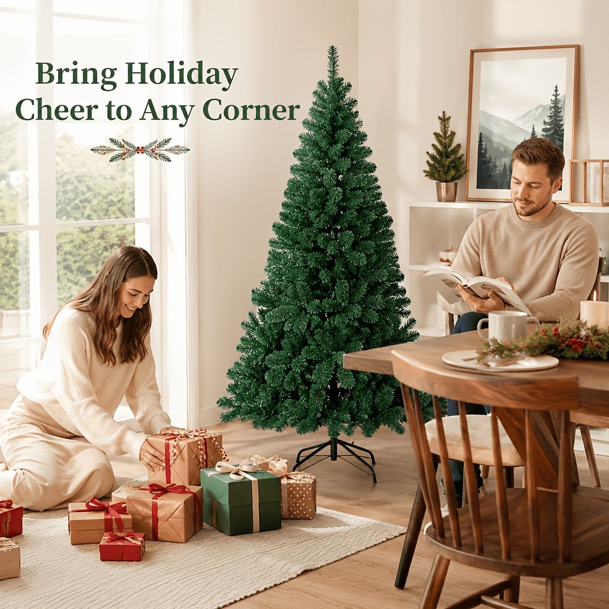 Upper branches of the green artificial Christmas tree